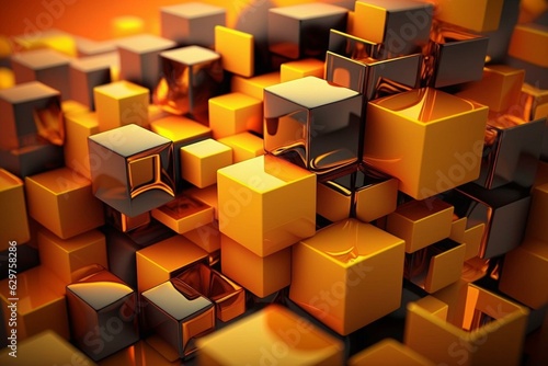 Glossy cubes of orange and yellow arranged into a modern tech wallpaper in 3D. Generative AI