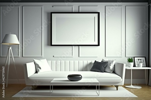 Modern living room with white sofa  coffee table and empty picture frame. Computer-generated. Generative AI