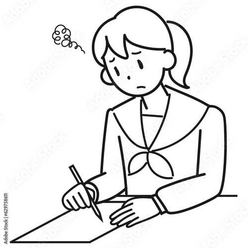 困った表情でテストを受ける女子高生のイラスト
