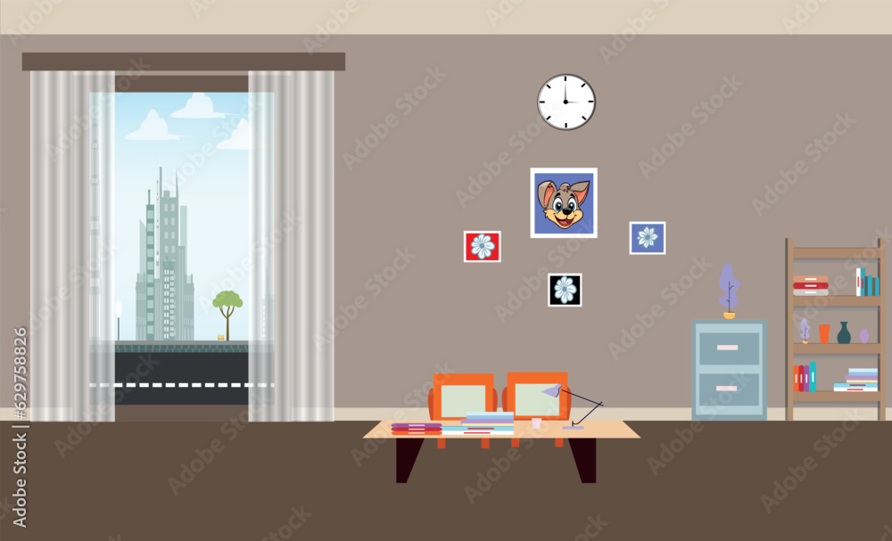 Furniture: sofa, bookcase, picture. Living room interior.Flat style vector illustration. Furniture: sofa, bookcase, picture. Living room interior.Flat style vector illustration.