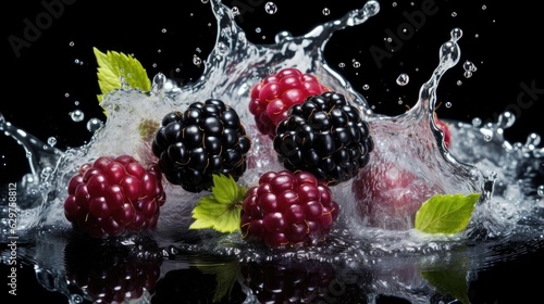 fresh blackberry and redberry splashed with water on black background and blur