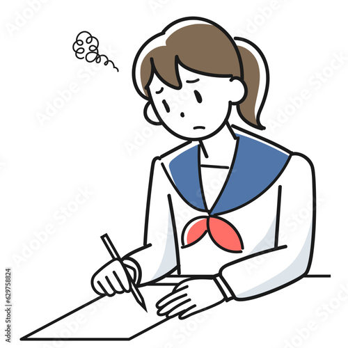 困った表情でテストを受ける女子高生のイラスト