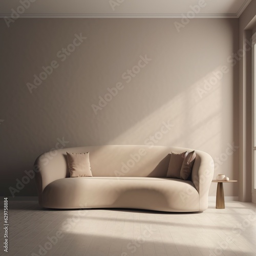 Photos of Italian style beige velvet sofa that fashionable interior room with brown stucco walls simple design with natural light from the side.