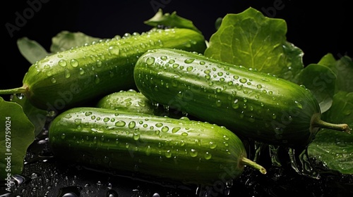 fresh green cucumber splashed with water on black and blurred background