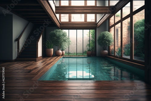 A pool with wooden flooring. Generative AI