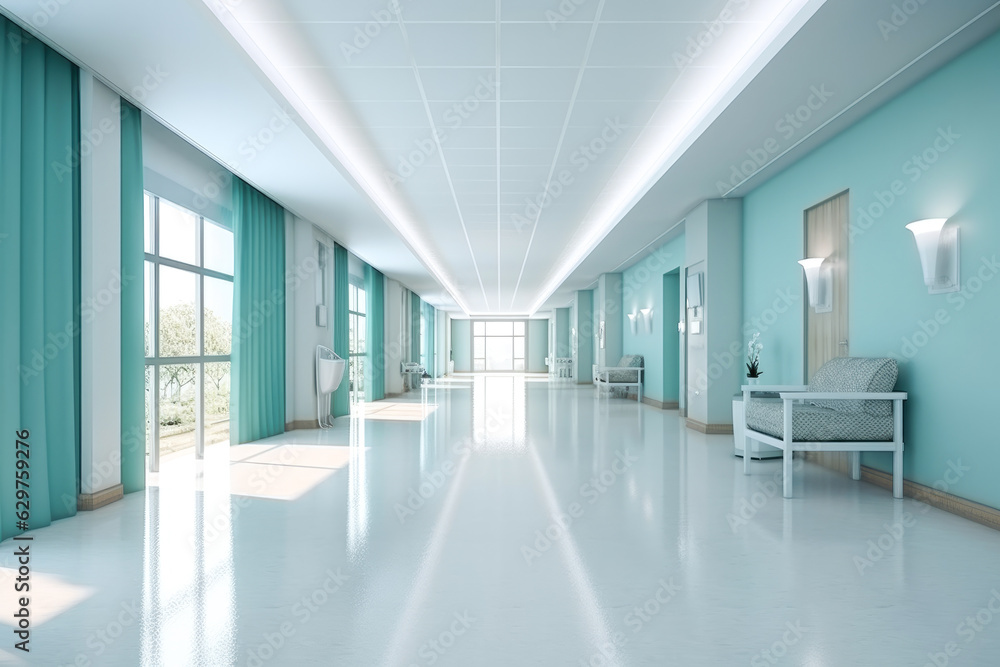 Long hospital bright corridor with rooms and seats