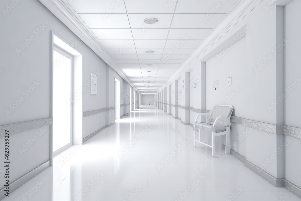 Long hospital bright corridor with rooms and seats, white walls