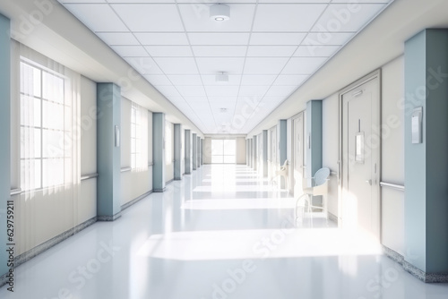 Long hospital bright corridor with rooms and seats  white walls