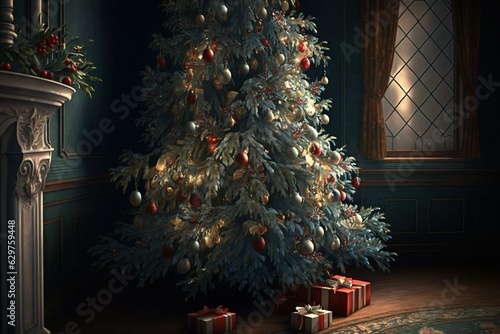 A decorated Christmas tree awaits festive adornments. Generative AI