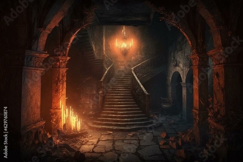 A deserted cellar with fiery torches mounted on the walls and a staircase. Generative AI
