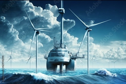 Renewable wind energy generation on oceanic wind farm. Generative AI