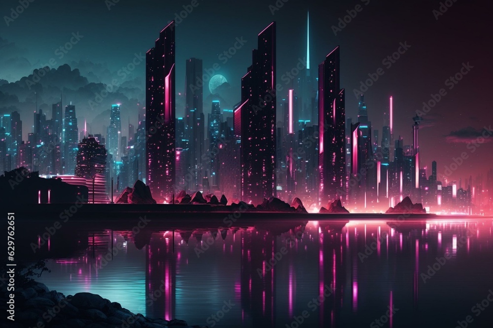 A modern city skyline with neon lit buildings by the sea at night. Core commercial district. Generative AI
