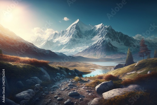 Scenic mountain landscape with sunlight  ideal for package design. Generative AI © Tahlia