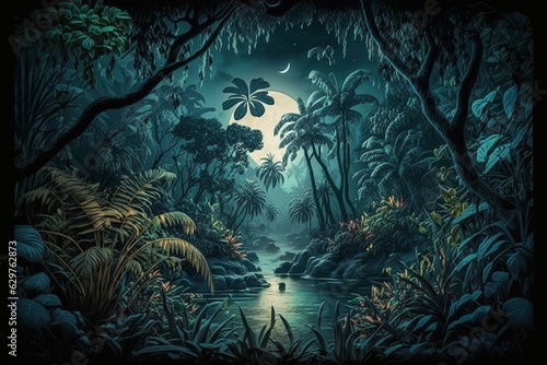 Nighttime enchanting jungle landscape with tropical forest scenery. Generative AI