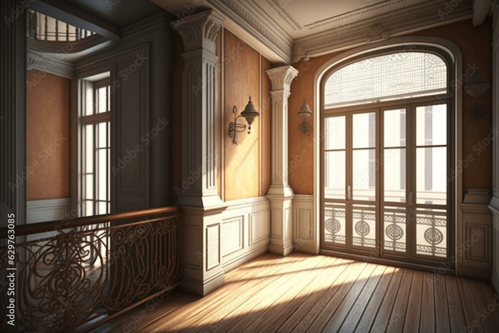 Vacant, old-style room with parquet, stucco, and balcony. Generative AI