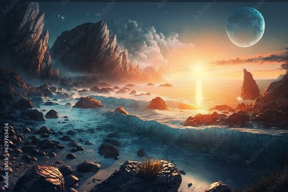 Stunning landscape with vivid depictions of sunlight and ocean. Generative AI