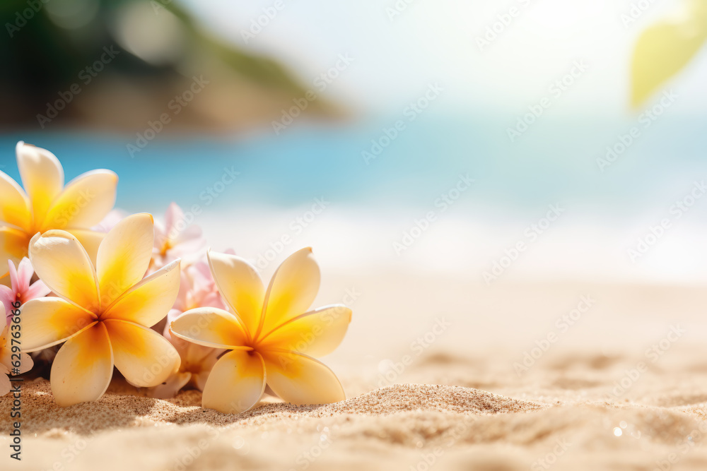 Tropical Beach with Plumeria Flowers. Summer Abstract Background Tropical Beach with Plumeria Flowers. Summer Abstract Background