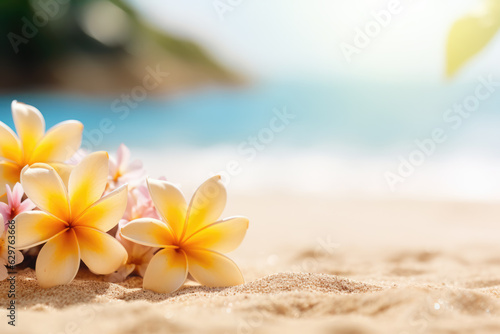 Tropical Beach with Plumeria Flowers. Summer Abstract Background © LadyAI