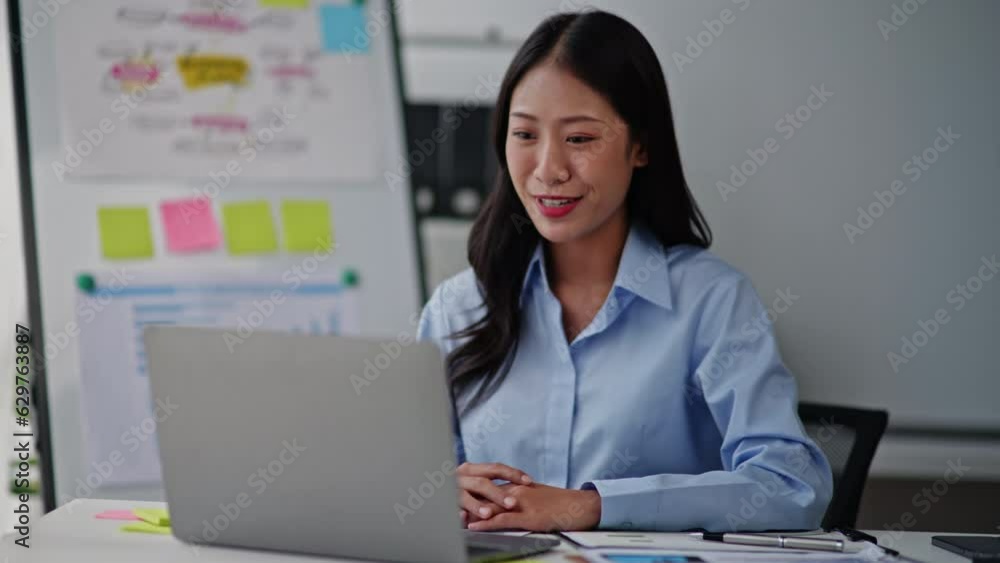 Young business women working and greeting on video conference with happy and smile face on office space. Young business women working and greeting on video conference with happy and smile face on office space.