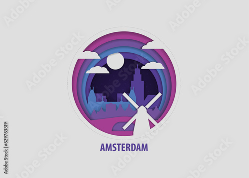 Netherlands Amsterdam creative paper cut layered craft vector illustration. Origami style city skyline travel art, isolated cutout graphic, round logo