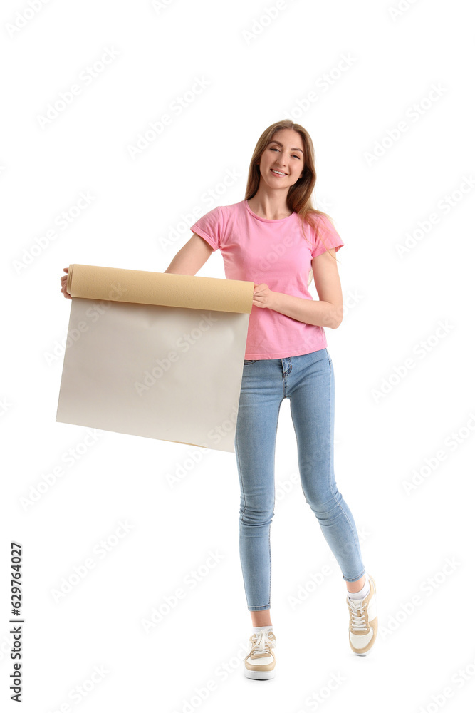 Young woman with wallpaper roll on white background Young woman with wallpaper roll on white background