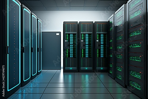 A modern data center with multiple server racks. Generative AI
