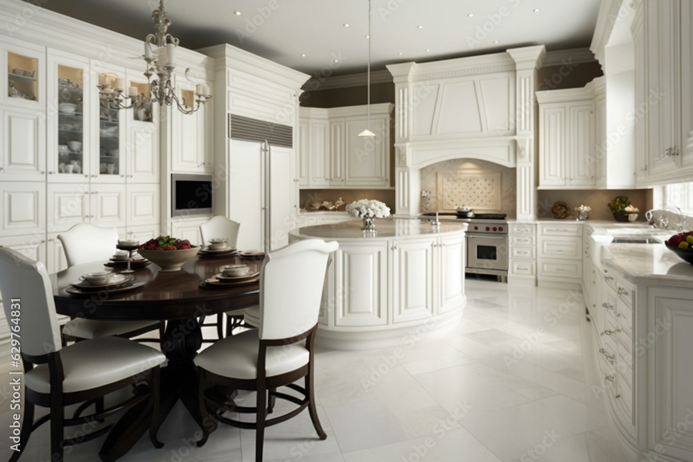 Spacious white kitchen with cabinetry and dining area. Generative AI