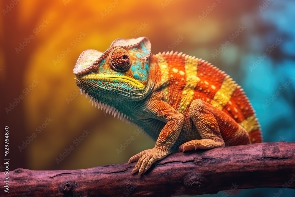 Naklejka premium A vibrant chameleon perched on a tree branch, blending into its surroundings