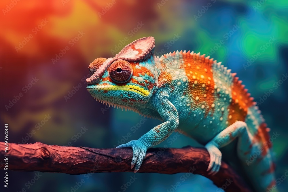 Fototapeta premium A colorful chameleon perched on a branch