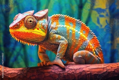 A colorful chameleon perched on a branch in its natural habitat © pham
