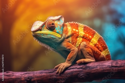 A vibrant chameleon perched on a tree branch, blending into its surroundings © pham