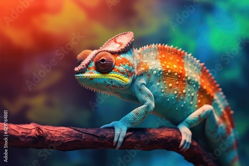 A colorful chameleon perched on a branch © pham