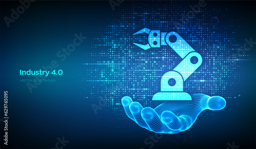 Smart Industry 4.0 icon made with binary code in wireframe hand. Factory automation. Autonomous industrial technology. Industrial revolutions steps. Matrix background with digits 1.0. Vector.