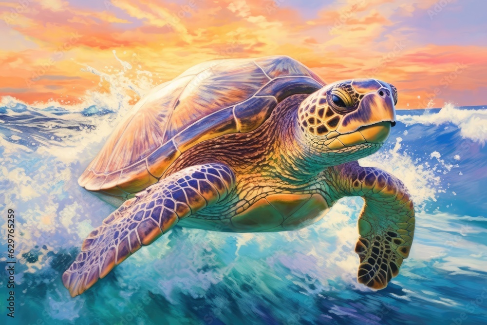 Fototapeta premium A vibrant underwater scene with a graceful turtle swimming in the ocean