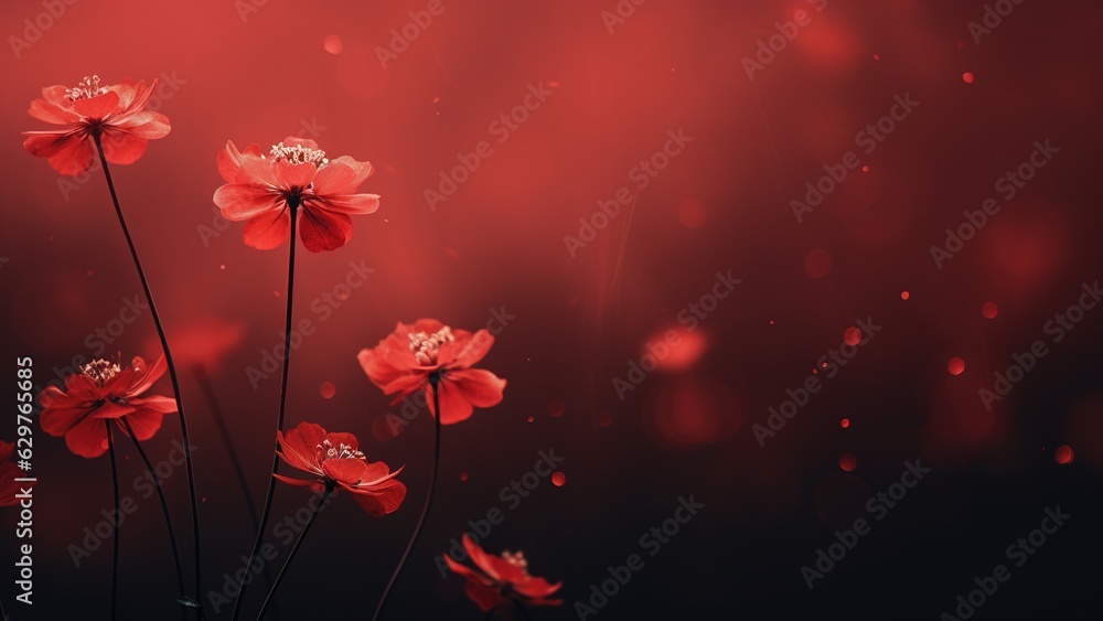 Obraz premium Top view and close-up image of beautiful blooming red rose flowers in corner on red background with copy space