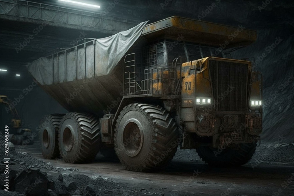 A dump truck in a coal mining facility. Extracted minerals are transported. Generative AI