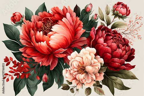 Watercolor peony arrangement with red flowers on transparent background. Floral illustration. Generative AI