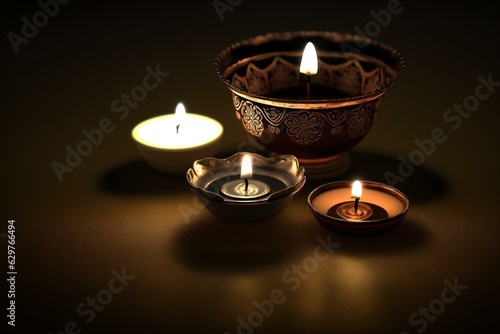 AI generated image of diya lamps and a lit candle creating a serene ambiance for meditation and inner tranquility. Generative AI
