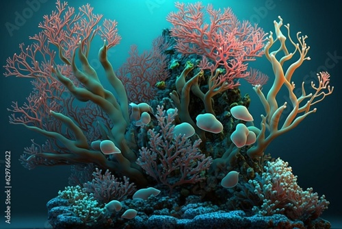 Coral and algae aquarium reef created in Blender 3D software. Generative AI