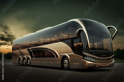 A 3D rendering of a luxurious coach bus concept. Generative AI