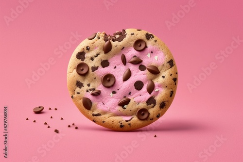 3D rendered chocolate chip cookie on pink backdrop for Valentine's Day. Perfect for online use. Generative AI