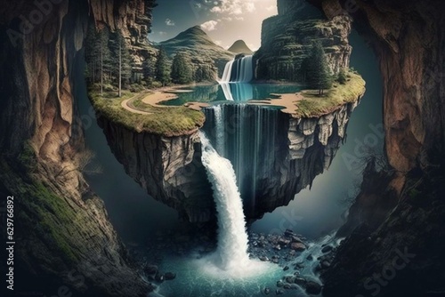 An unreal scene of levitating scenery and flowing waterfalls. Generative AI