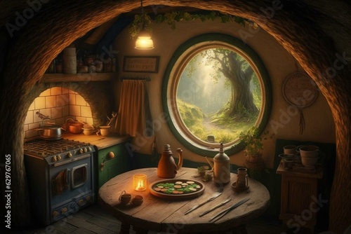 Cozy house in forest, kitchen has delicious food inside hobbit hut. Generative AI