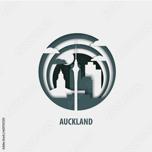 New Zealand Auckland paper cut layer craft vector logo illustration. Origami style city skyline travel art in depth illusion