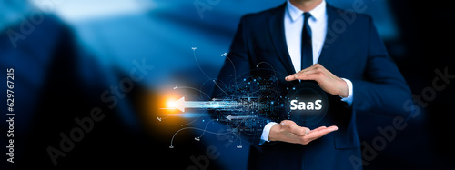 SaaS - software as a service. Technology and network concept. Code line of programming internet application