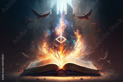 Fototapeta Holy book burning with fire and nature background, symbolizing destruction or Holy Spirit