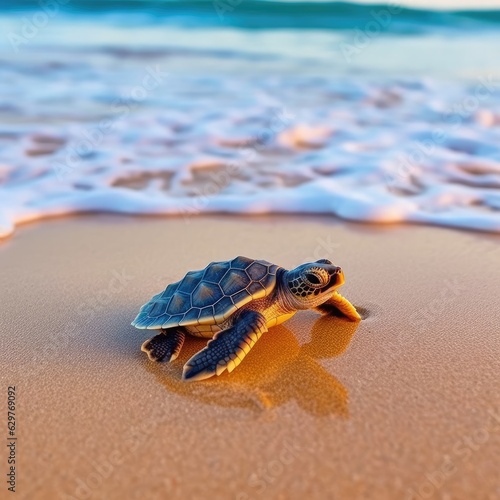 A baby turtle crawling on the sandy beach photo