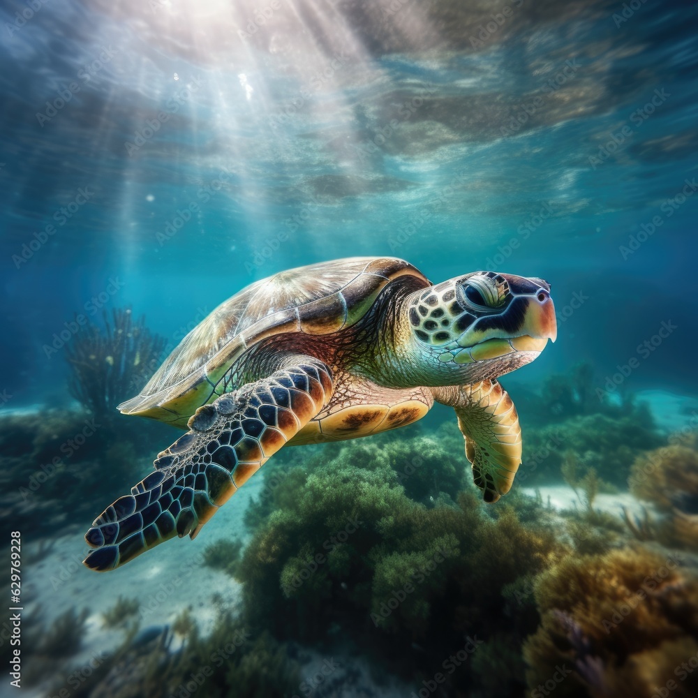 Obraz premium A majestic green turtle gracefully gliding through the crystal-clear ocean waters