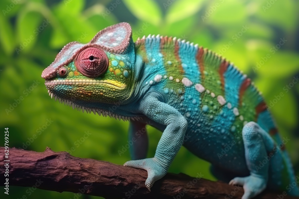 Obraz premium A vibrant chameleon perched on a branch, showcasing its stunning colors