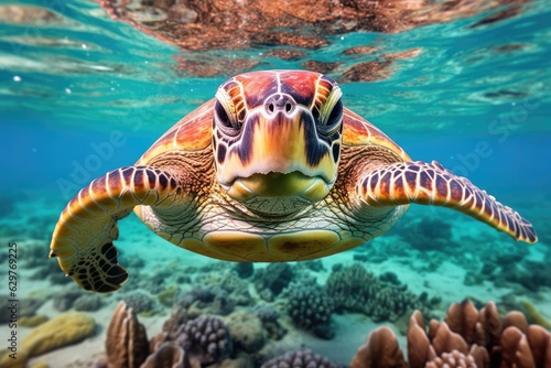 A green turtle gracefully swimming over a vibrant coral reef